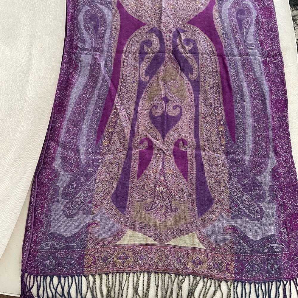 Pashima 80"x21" SilkTapestry: rich purple burgundy plum olive, 3" fringe.